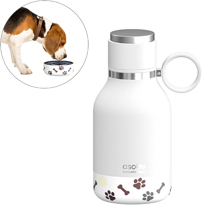 asobu Buddy Bottle, a Stainless Steel Insulated Water Bottle with Removable Dog Water Bowl and Dog Food and Treat Storage plate (White, 37 oz Water Bottle with 2 Bowls)
