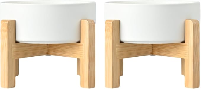 SPUNKYJUNKY Ceramic Elevated Dog Bowls 2 Pack - 6.1inch Raised Dog Bowls with Non-Slip Wooden Stand for Medium Dogs Dishwasher Safe(White,28.7OZ*2)