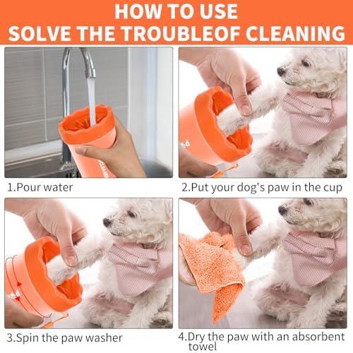 Professional 7 in 1 Dog Paw Cleaner for Dogs & Cats - Includes 1 Portable Paw Washer, 1 Bath Brush, 2 Dog Toothbrushes and 3 Absorbent Towels Note: Fits Paws up to 2 Inches Wide (Orange, Small)