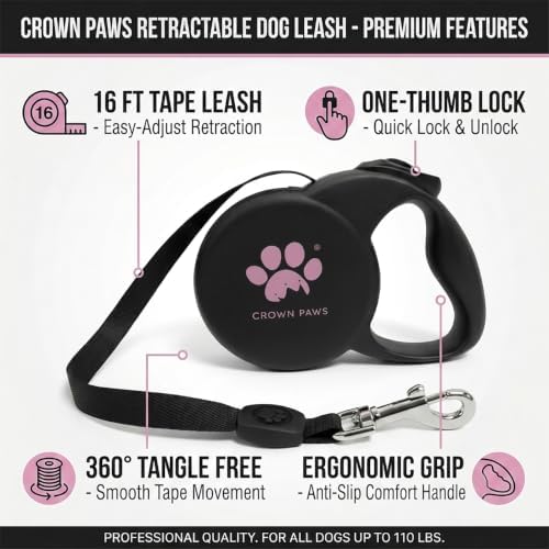 Retractable Dog Leash, 16ft Heavy Duty Nylon Tape for Medium Dogs up to 44 lbs, One-Hand Brake & Lock, Tangle-Free, Ergonomic 3" Large Handle, Lightweight Black M GC-DAN