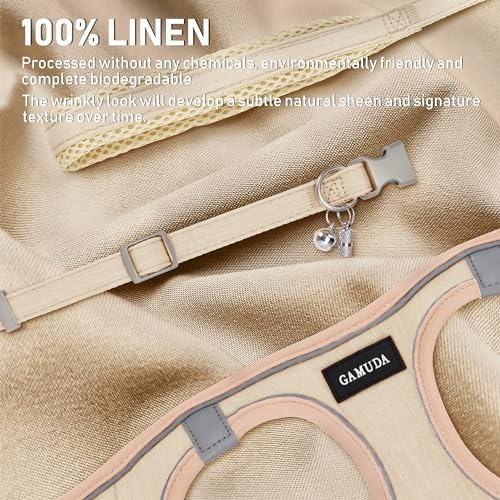 GAMUDA Small Pet Harness Collar and Leash Set, Step in No Chock No Pull Linen Fabric Soft Mesh Dog Vest Harnesses Reflective for Dogs Puppy Cats Kitten Rabbit (Khaki, L)