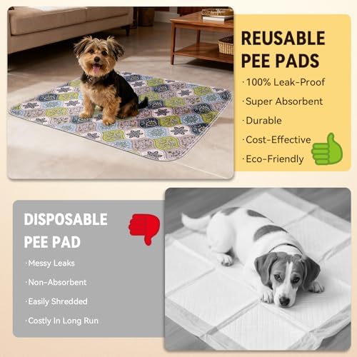Washable Pee Pads for Dogs, Stylish Absorbent Reusable Training Dog Pads, Non-Slip and Leak-Proof Puppy Pads, Potty Pads for Crates, Whelping, Playpen, Bed and Floors (Cream/Multi, 18" x 24" 2PACK)