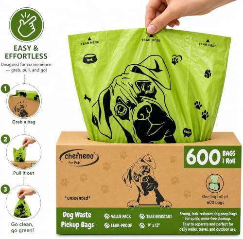 Dog Poop Bags One Big Roll (600 ct.) Doggy Poop Bags Pet Waste Pickup Bag Cat Waste Disposal Bags (1 Roll, 600 Bags)