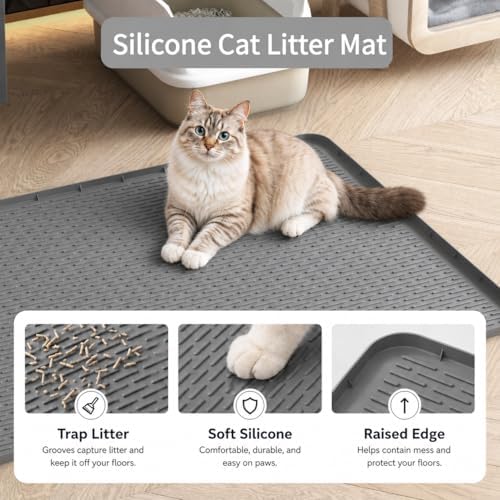 Cat Litter Mat 40"x28", Silicone Waterproof Litter Box Mat, Non-Slip Litter Trapping Mat for Cats, Easy Clean Foldable, Dark Gray