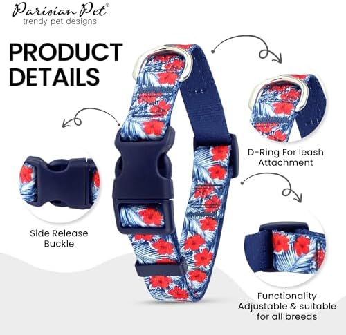 Parisian Pet Floral Dog Collar - Adjustable Hibiscus Pet Collar with Secure Buckle and Metal D-Ring - Comfortable Designer Blue Puppy Collars - Durable Tropical Nylon Dog Collars for Small Dogs