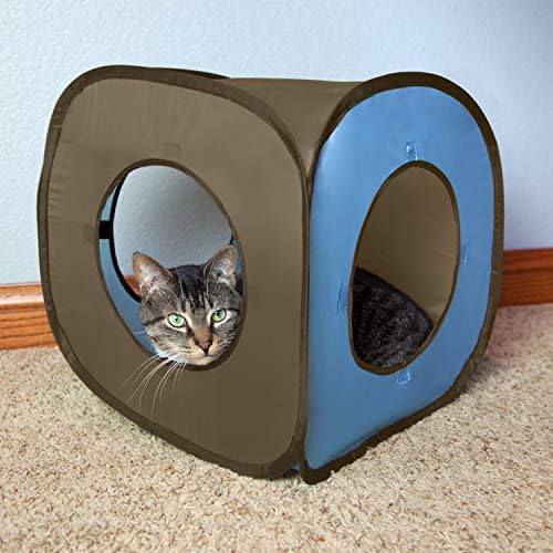 Kitty City Pop-Up Rolling Cat Cube Toy, Collapsible Indoor Cat Play Cube with Peekaboo Openings & Hanging Tassel, Lightweight Foldable Cat Furniture - Blue / Brown