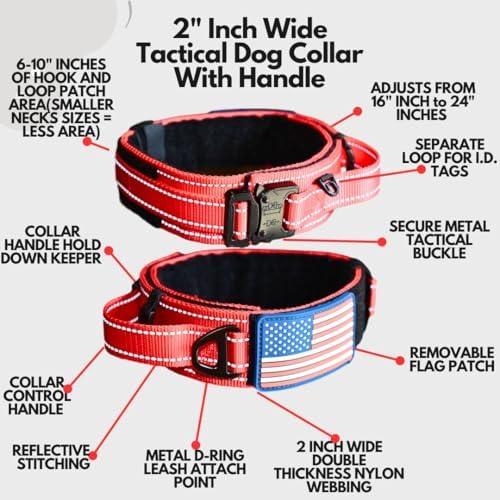 2-Inch Wide Tactical Dog Collar with Control Handle, Adjustable for Medium & Large Dogs, Military Style with Heavy-Duty Metal Buckle, USA Flag Patch & Customizable Name Plate, Training & Everyday Use
