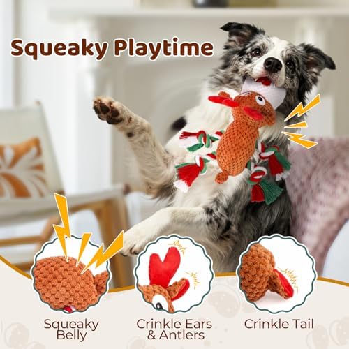 Plush Rope Reindeer Dog Toy – Durable Squeaky Tug Toy for Small, Medium Dogs, Interactive Chew & Fetch Puppy Toy