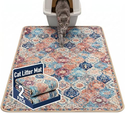 Hompet Cat Litter Mat 2 Pack, 48x72 Large Machine Washable Trapping Mats for Cats, Super Absorbent & Urine-Proof Cat Litter Box Mat for Floor, Waterproof & Non Slip Kitty Litter Rug