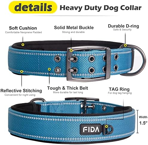 Fida Heavy Duty Dog Collar for Large Dogs with Metal Belt Buckle, Blue