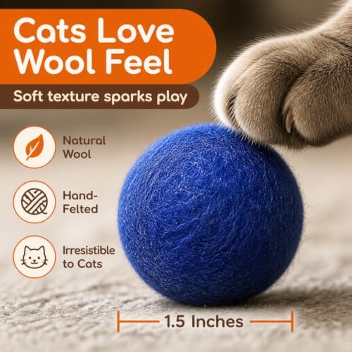 Wool Cat Toy - Felted Wool Rainbow Squid Fish Wand Toy Plus 2 Felt Ball Toys for Indoor Cats and Kittens (Cat Squid Toy)
