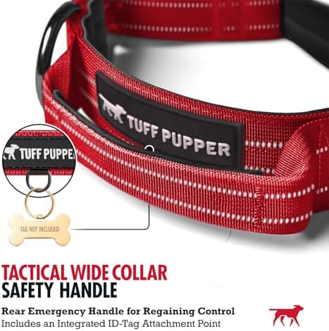 Tuff Pupper Tactical Dog Collar | Heavy Duty 1.5" Wide Ballistic Nylon | Training Control Handle | Quick-Release Metal Buckle | Reflective Bands | ID Tag Holder | Padded Inner Lining (Red, Large)