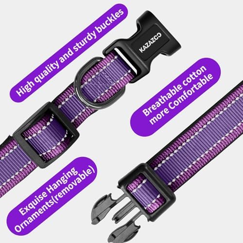 Kazazoo Medium Dog Collar, Reflective Nylon Collar,No Pull,Soft Neoprene Breathable & Quick Release Buckle Dog Collars for Bulldog,Husky,Border Collie Purple-M
