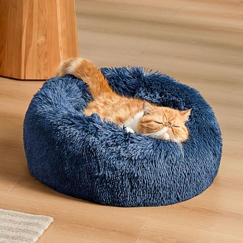 Bedsure Calming Cat Beds Donut Round Washable Kitten Bed,20 inches Navy