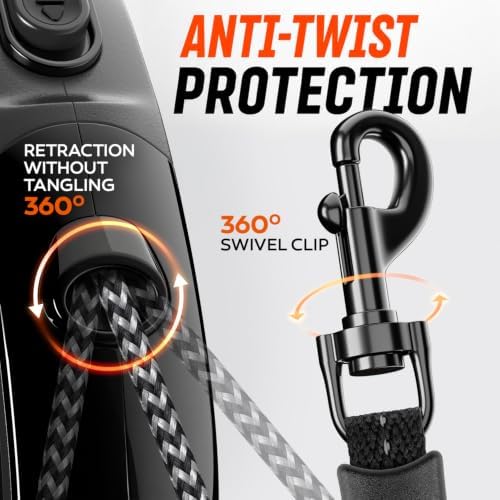 22.6 FT Retractable Dog Leash for Dogs 5-110 lbs–Reflective Leash with Reinforced Tape & Strong Cord–Quick Lock Button–360° Swivel System–Stainless Steel Spring–Comfortable Anti-Slip Handle BK