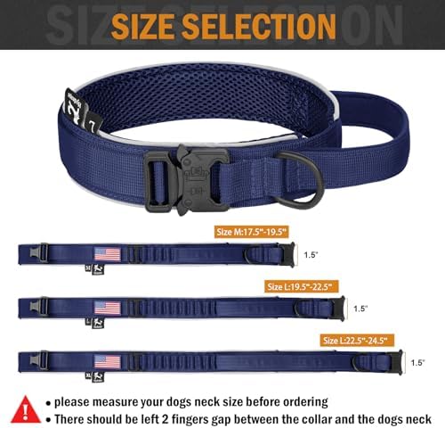 HYDEME Tactical Dog Collar, Alpine Loop Adjustable Military Training Nylon Dog Collars with Handle and Reflective for Small Medium Large Dogs, with Airtags Protective Case & Patches.(XL,Deepblue)