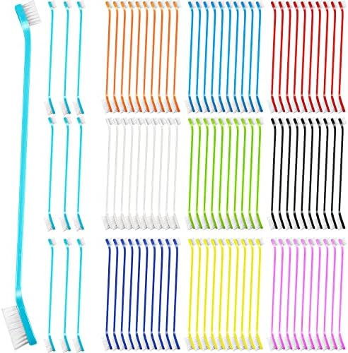Potchen 100 Count Dog Toothbrush Bulk Dual Headed Pet Toothbrush Kit Soft Bristles Long Handle Double Sided for Dog Grooming Puppy Pet Large Small Teeth Cleaning Dental Oral Care, 10 Color