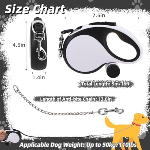 PUPTECK Retractable Dog Leash with Detachable Chew Proof Cable, White, 16ft