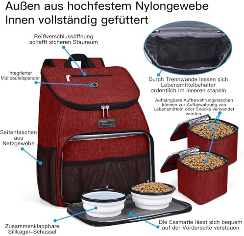 BAGLHER丨Dog Travel Bag, Airline Approved Pet Supplies Backpack, Dog Travel Backpack with 2 Silicone Collapsible Bowls and 2 Food Baskets