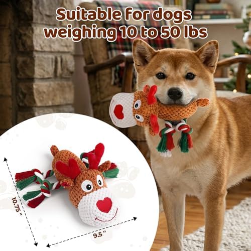 Plush Rope Reindeer Dog Toy – Durable Squeaky Tug Toy for Small, Medium Dogs, Interactive Chew & Fetch Puppy Toy
