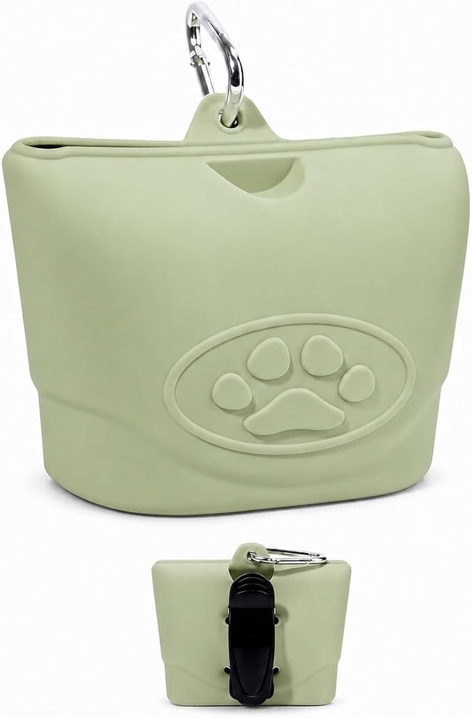 Upgraded Dog Treat Pouch with Strong Magnetic Closure - Small Silicone Training Bag, Waist-Mounted Clip & Leash Carabiner, Airtight Portable Treat Bag (Light Green)