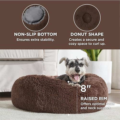 Bedsure Calming Small Medium Dog Bed Donut Washable Puppy Bed,27ins Coffee