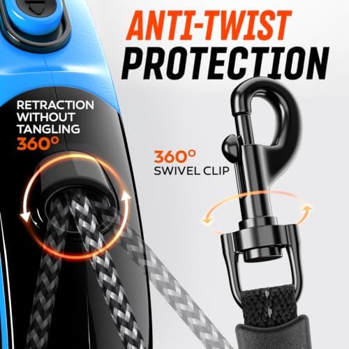 22.6 FT Retractable Dog Leash for Dogs 5-110 lbs–Reflective Leash with Reinforced Tape & Strong Cord–Quick Lock Button–360° Swivel System–Stainless Steel Spring–Comfortable Anti-Slip Handle BL