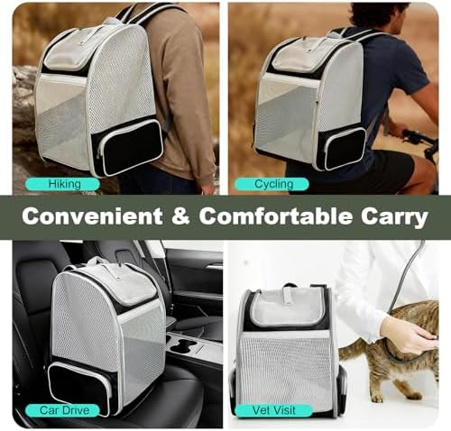 Backpack to Carry Cat and Small Puppy up to 16 Pounds, Breathable Pet Carrier to Transport Kitten Rabbit to Vet Visit Bag, Airline Approved Collapsible Black
