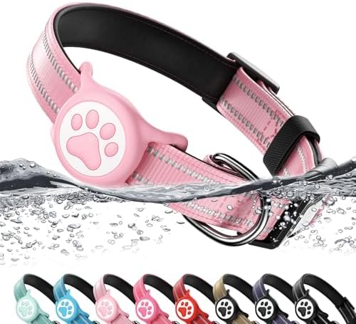 Premium Airtag Dog Collar，with IP68 Waterproof AirTag Holder,Pink,S