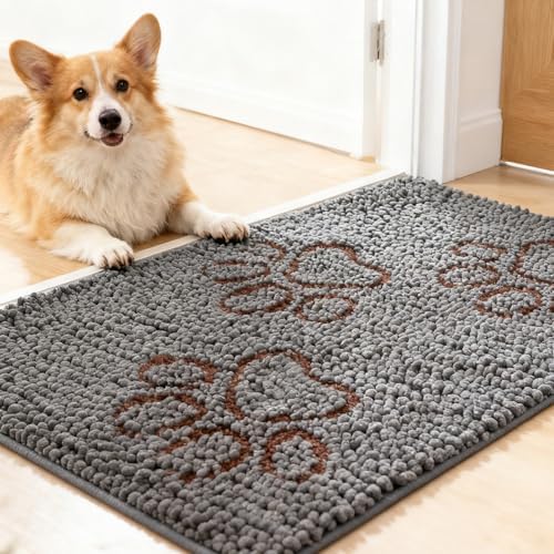EXPAWLORER Dog Door Mat for Muddy Paws - Highly Absorbent Microfiber Pet Rug, Quick Dry Chenille Dog Runner Rug Indoor Outdoor, Non-Slip Entryway Carpet Washable Mud Mat for Dogs, Grey 36"x24"