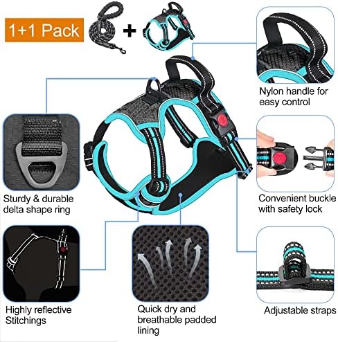 tobeDRI No Pull Dog Harness Adjustable Reflective Oxford Easy Control Medium Large Dog Harness with A Free Heavy Duty 5ft Dog Leash, Black/Blue, M