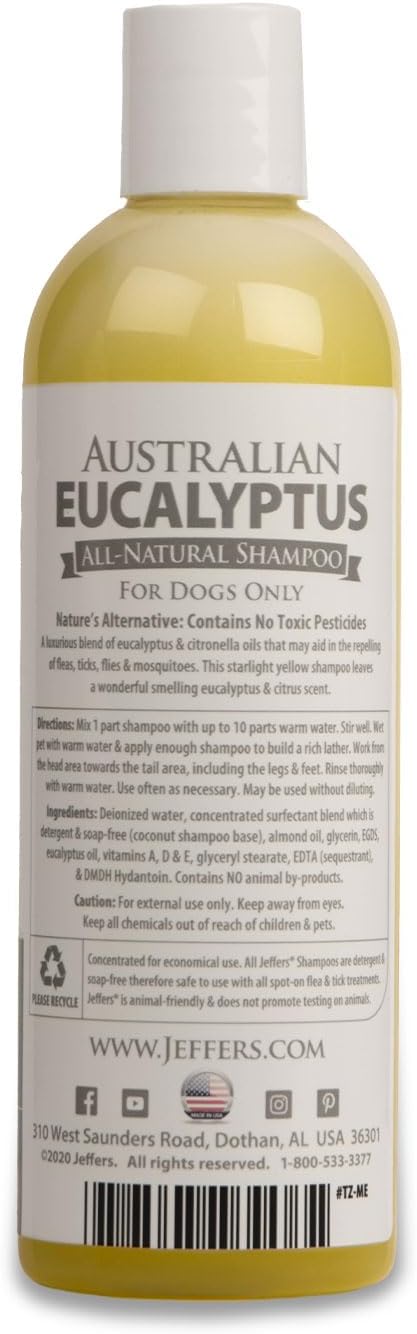 Jeffers Pet Australian Eucalyptus Dog Shampoo, 17 oz - Natural Botanical Grooming Wash with Citronella & Coconut Base, Deodorizing, Soap & Detergent Free, Concentrated, for Dogs & Puppies 6+ Weeks