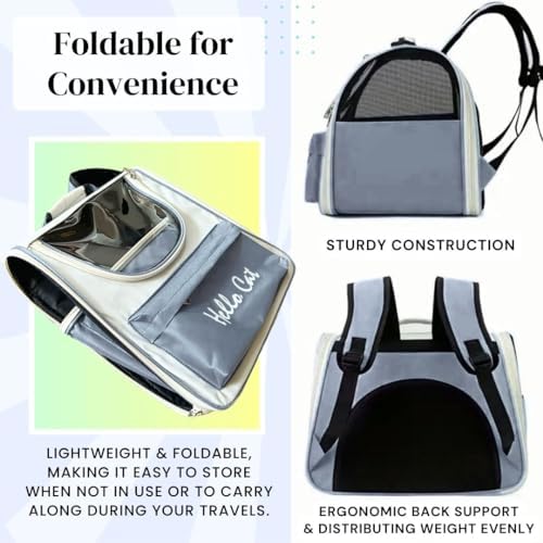 ClawsandPaws Spacious Cat Backpack Carrier, Portable Cat Carrier, Large Space for Pet, Backpack for Kitty Cat & Small Dogs up to 15lbs, Lightweight & Foldable Pet Carrier for Travel & Hiking (Grey)