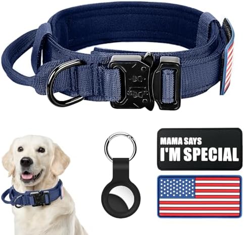 Tactical Military Collar - Adjustable Nylon, Heavy Duty Metal Buckle with Handle for Dog Training, with Patches (Blue, XL)