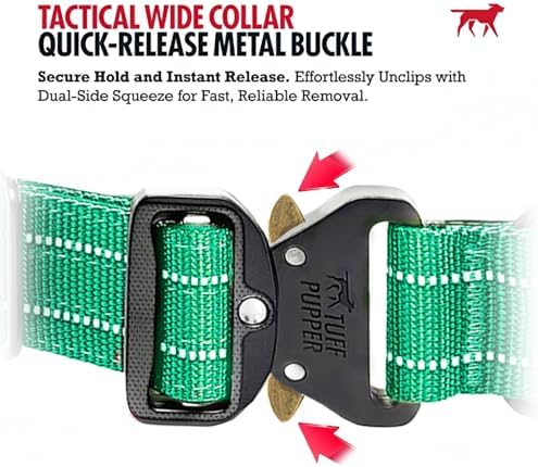 Tuff Pupper Tactical Dog Collar | Heavy Duty 1.5" Wide Ballistic Nylon | Training Control Handle | Quick-Release Metal Buckle | Reflective Bands | ID Tag Holder | Padded Inner Lining (Green, Large)