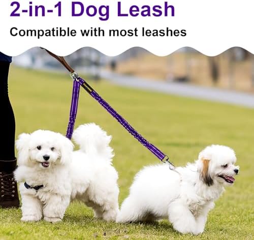 MingXpet 2 Dog Leash, Dog Leash for 2 Dogs, 360° Swivel No Tangle Double Walking Training Leashes for Large Dogs that Pull, Comfortable Shock Absorbing Reflective Bungee, Purple