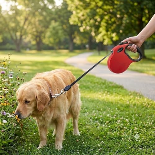 Medium 16 FT Retractable Dog Leash – Adjustable Hands-Free Leash for Dogs Up to 44lbs, Tangle-Free Nylon with Ergonomic Grip for Walking, Training & Outdoor Safety Red M