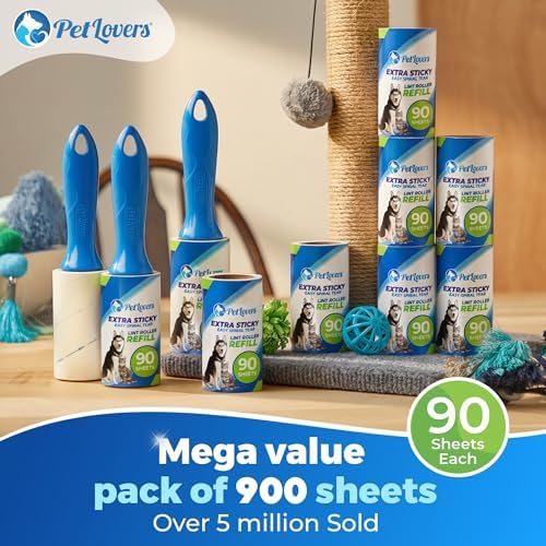 PetLovers Extra Sticky Lint Roller Mega Value Set 900 Sheets for Pet Hair Removal and Clothes, Dog and Cat Lint Remover, 10 Pack