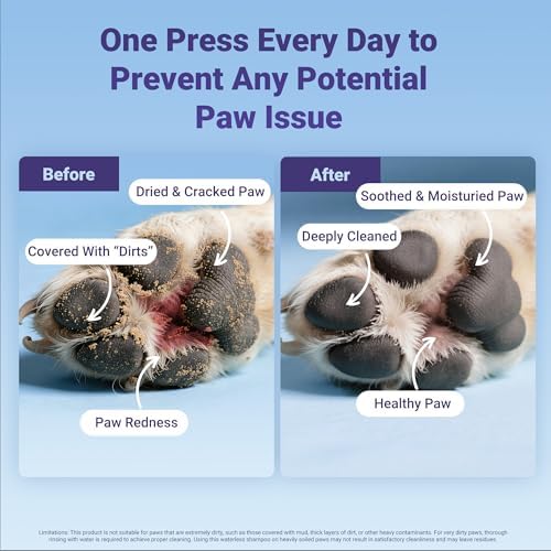 Dog Paw Cleaner, No-Rinse Dog Paw Washer, Waterless Foam Pet Foot Cleanser for Larger Dogs&Small Dogs&Cats, Built-in Scrubber Brush for Dirty Paw, Safe Ingredient, pH-Balanced, 5.1 fl.oz
