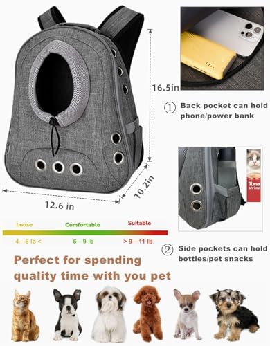 Small Dog Cat Chest Backpack Carrier,Large Space Ventilated Front Facing Backpack Carrier for Puppy,Lightweight Doggy Backpack for Hiking,Camping,Travel,Outdoor,Max 12 lbs(‌Gray)