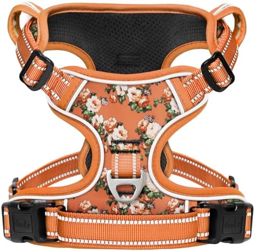 HEELE Dog Harness, No Pull Adjustable Padded Reflective Harness for Small Medium Large Dogs with Handle for Walking Training, Flower-Orange,M