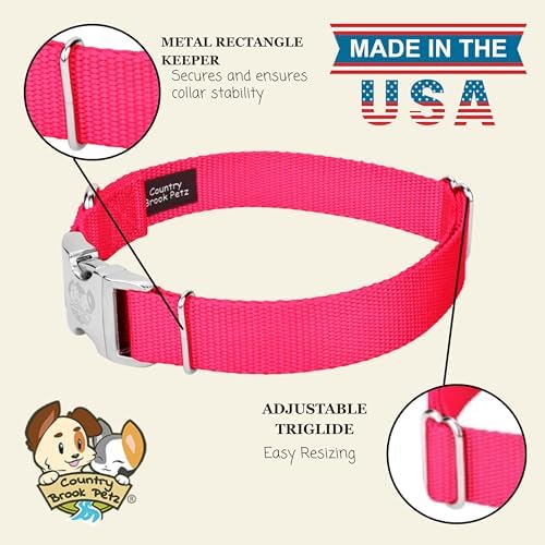 Country Brook Petz - Premium Nylon Dog Collar with Metal Buckle for Small Medium Large Breeds - 30+ Colors (Large, 1 Inch, Hot Pink)