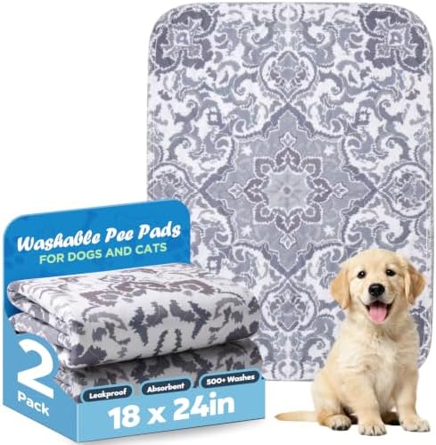 Washable Pee Pads for Dogs 18" x 24" - 2 Pack, Gray, Stylish Reusable Puppy Training Pads - 100% Waterproof & Leak-Proof & Non-Slip, Potty Pads for Whelping, Crate, Floor