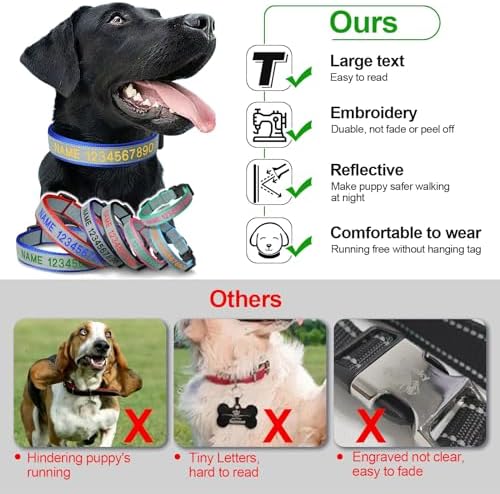 Personalized Reflective Dog Collar Custom Embroidered Name and Number, XL