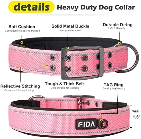 Fida Heavy Duty Dog Collar for Large Dogs with Metal Belt Buckle, Pink