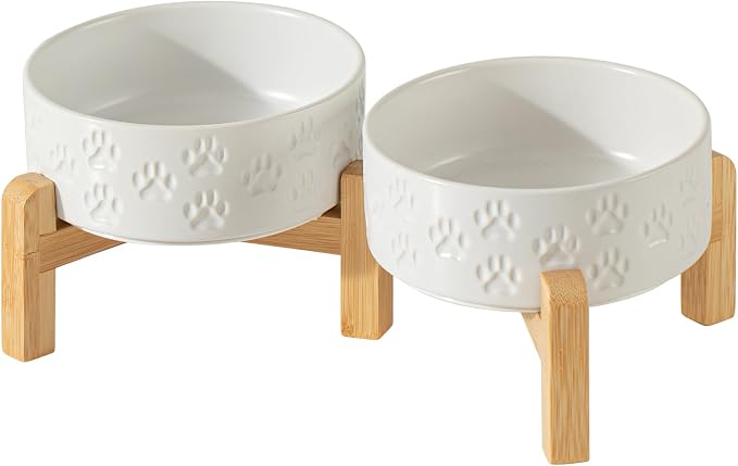 Elevated Ceramic Dog Bowl Set, Anti-Skid Bamboo Stand, White, 5.1 inch | Food and Water Bowls with Fixed Non-Slip Rubber Ring, Microwave Safe, Easy to Clean, 1.6 Cup per Bowl, for Small-Breed Puppy