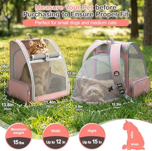 Cat Backpack Carrier for Travel: Expandable Mesh Design, Up to 15 Lbs, Pink
