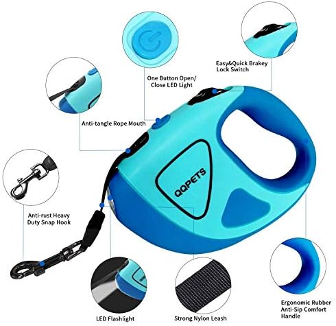 Retractable Dog Leash with LED Flashlight, 16 ft Dog Safety Walking Leashes for Small Medium Large Dogs up to 110 lbs,Tangle Free, Anti-Slip Comfort Grip (Large- 16 ft up to 110 lbs, Blue)
