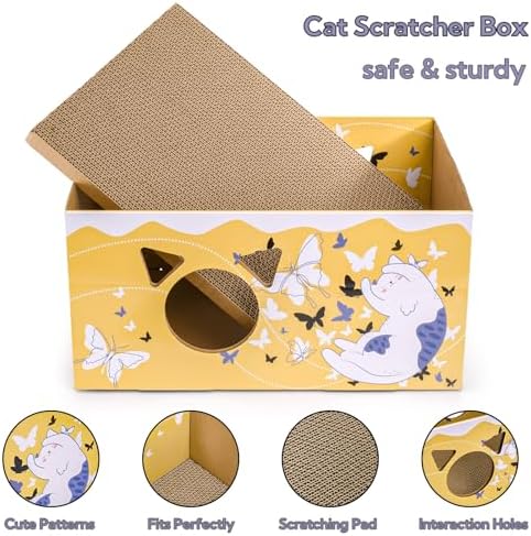 Tlence 2 Pack Cardboard Cat Scratcher Box, Butterfly Pattern Cat Hideaway House with Double-Sided Scratch Pads, 16.5 Inch Heavy Duty Large Cat Bed Lounger for Indoor Cats