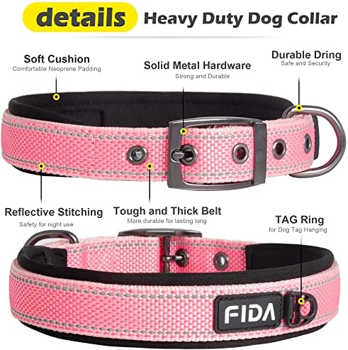 Fida Heavy Duty Dog Collar for Large Dogs with Metal Belt Buckle, Pink